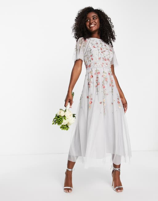 ASOS DESIGN Bridesmaid floral embroidered flutter sleeve midi dress with embellishment in soft blue