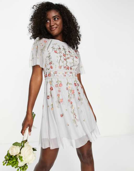 ASOS DESIGN Bridesmaid floral embroidered flutter sleeve mini dress with embellishment in soft blue