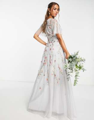 Floral embroidered dobby mesh flutter sleeve maxi dress online