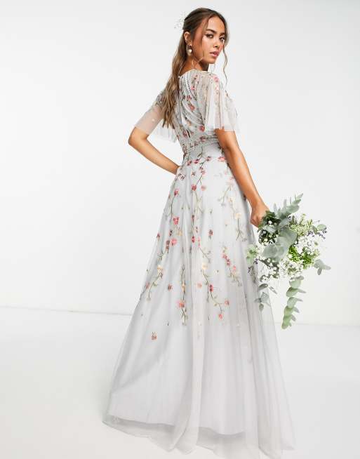 ASOS DESIGN Bridesmaid floral embroidered maxi dress with embellishment in soft blue