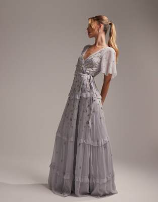 Bridesmaid flutter sleeve embellished wrap maxi dress with embroidery in light blue