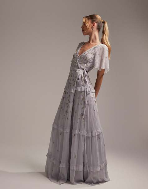 ASOS DESIGN Bridesmaid flutter sleeve embellished wrap maxi dress with embroidery in light blue - view 1