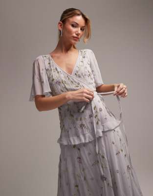 Asos Design Bridesmaid Flutter Sleeve Embellished Wrap Maxi Dress With Embroidery In Blue
