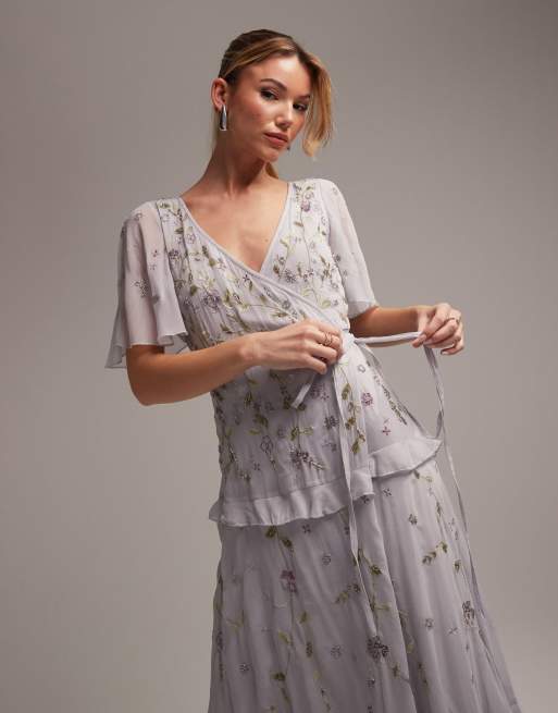 ASOS DESIGN Bridesmaid flutter sleeve embellished wrap maxi dress with embroidery in light blue