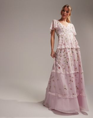 ASOS DESIGN Bridesmaid flutter sleeve embellished wrap maxi dress with embroidery in light pink