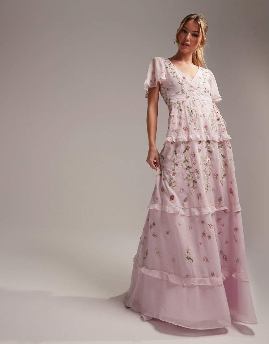 ASOS DESIGN Bridesmaid flutter sleeve embellished wrap maxi dress with embroidery in light pink-Purple