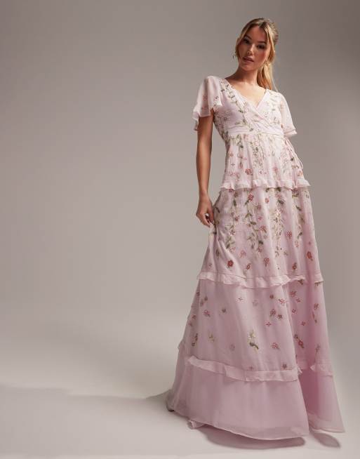  ASOS DESIGN Bridesmaid flutter sleeve embellished wrap maxi dress with embroidery in light pink 