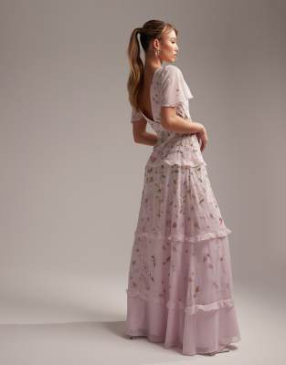 asos design bridesmaid pleated bodice maxi dress with flutter sleeve embellished wrap embroidery in light pink 2020Spring Bella Venice Women's Georgia Size:40 (US 9)
