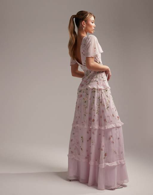 ASOS DESIGN Bridesmaid flutter sleeve embellished wrap maxi dress with  embroidery in light pink