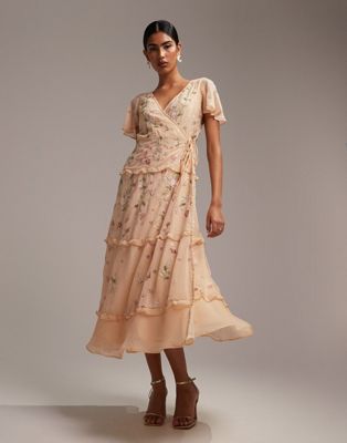 ASOS DESIGN Bridesmaid flutter sleeve embellished wrap midi dress with embroidery in apricot