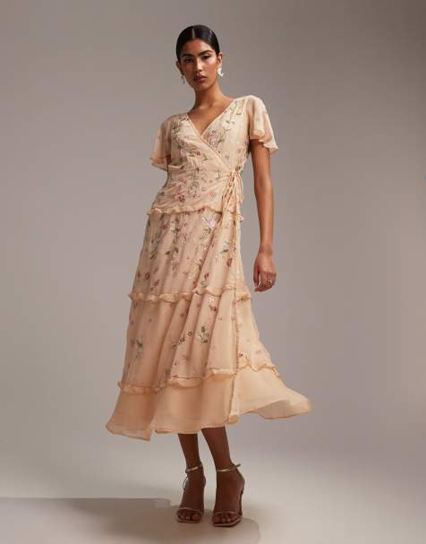 ASOS DESIGN Bridesmaid flutter sleeve embellished wrap midi dress with embroidery in apricot - view 1