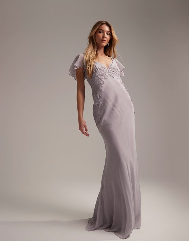 ASOS DESIGN Bridesmaid flutter sleeve maxi dress with lace detail and bias cut skirt in lilac