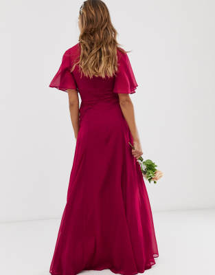 asos design bridesmaid pleated bodice maxi dress with flutter sleeve