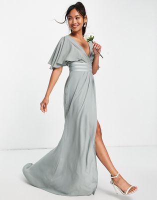 ASOS DESIGN Bridesmaid flutter sleeve maxi dress with satin trim detail and wrap skirt