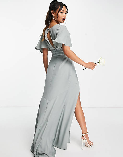 Dresses Bridesmaid flutter sleeve maxi dress with satin trim detail and wrap skirt 