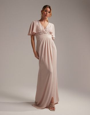 ASOS DESIGN Bridesmaid flutter sleeve maxi dress with satin trim detail and wrap skirt