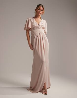 ASOS DESIGN Bridesmaid flutter sleeve maxi dress with satin trim detail and wrap skirt