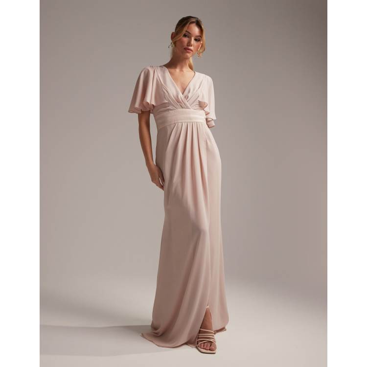 flutter sleeve full skirt bridesmaid dress Flutter Sleeves Cascade Back Chiffon Long Bridesmaid Dress