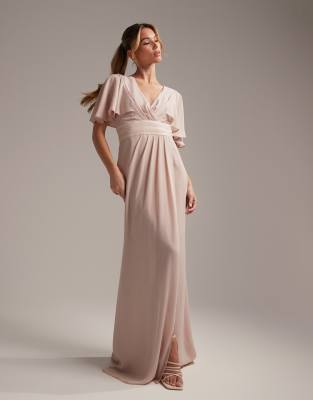 Asos Design Bridesmaid Flutter Sleeve Maxi Dress With Satin Trim Detail And Wrap Skirt-pink