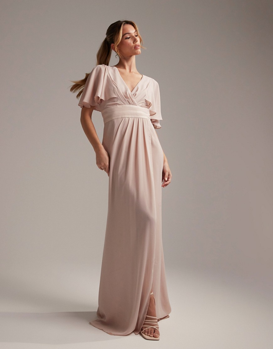 ASOS DESIGN Bridesmaid flutter sleeve maxi dress with satin trim detail and wrap skirt-Pink