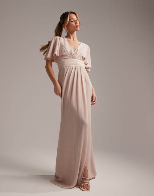 Asos Design Bridesmaid Flutter Sleeve Maxi Dress With Satin Trim Detail And Wrap Skirt Asos 3635