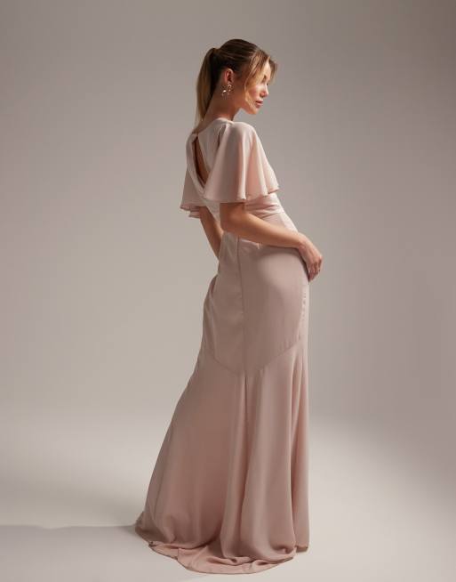 Long bridesmaid dress 2024 with flutter cap sleeves