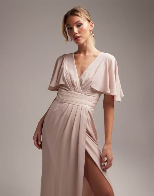 Long bridesmaid dress outlet with flutter cap sleeves