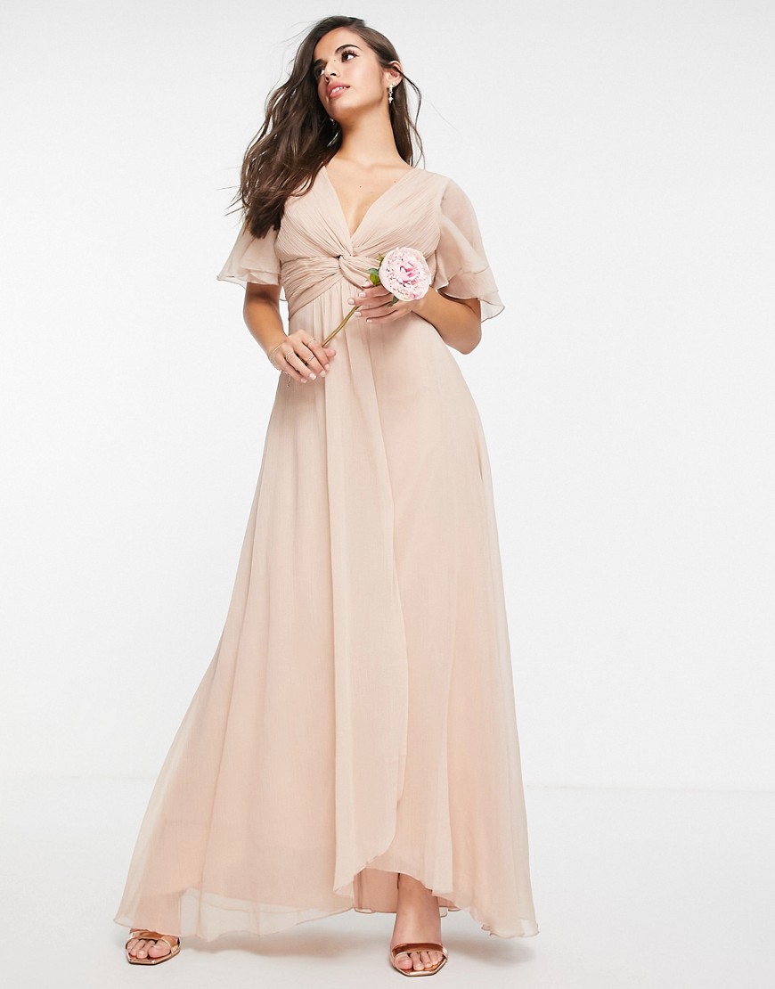 ASOS DESIGN Bridesmaid flutter sleeve maxi dress with twist front in blush-Pink