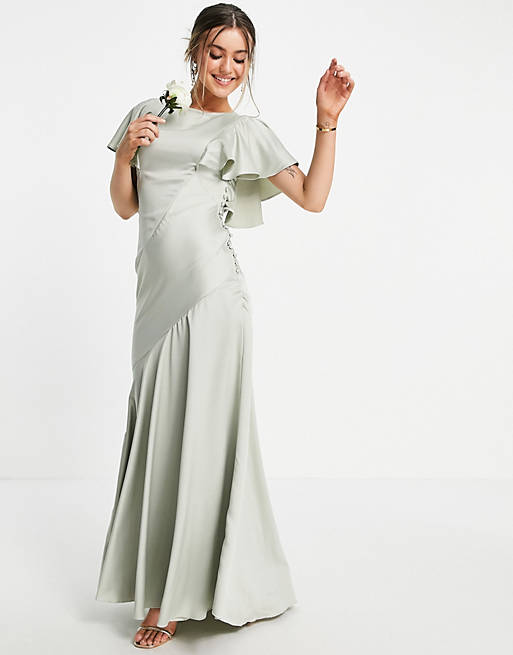 Dresses Bridesmaid flutter sleeve satin maxi dress with button side detail 