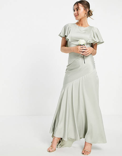 Dresses Bridesmaid flutter sleeve satin maxi dress with button side detail 