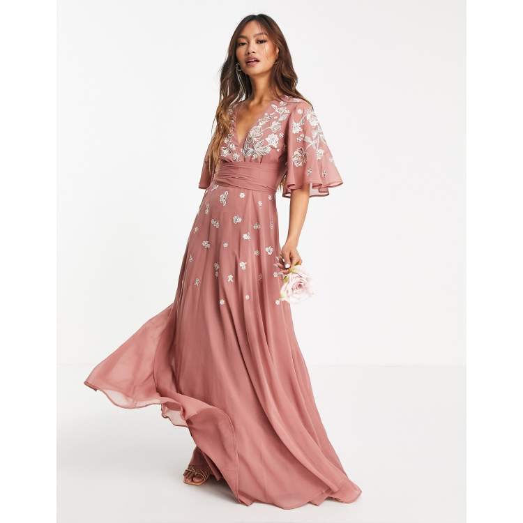 ASOS DESIGN Bridesmaid flutter sleeve wrap waist maxi dress with tonal floral embroidery