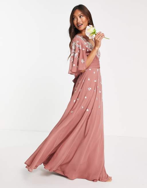 ASOS DESIGN Bridesmaid flutter sleeve wrap waist maxi dress with tonal floral embroidery