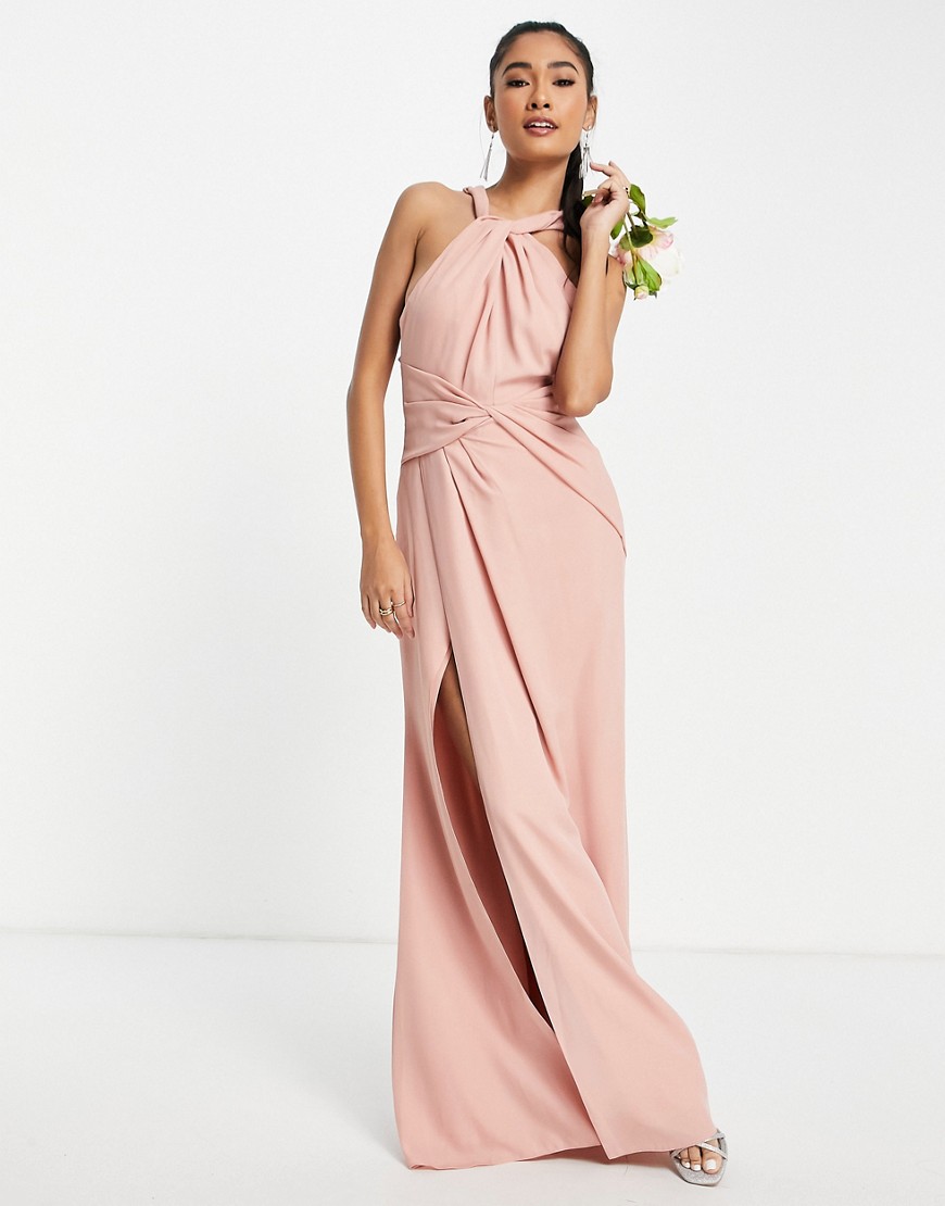 asos design bridesmaid halter maxi dress with pleat detail skirt in rose-pink