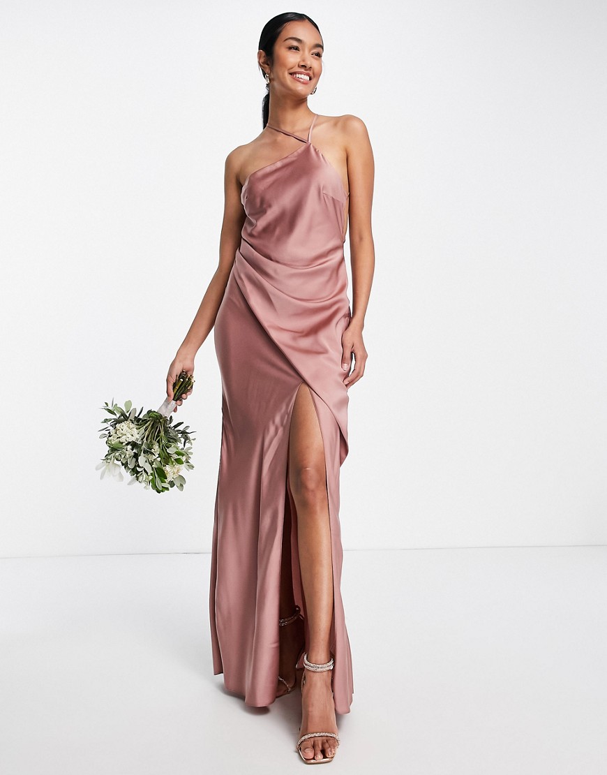 ASOS DESIGN Bridesmaid halter neck satin maxi dress with drape bodice detail-Pink