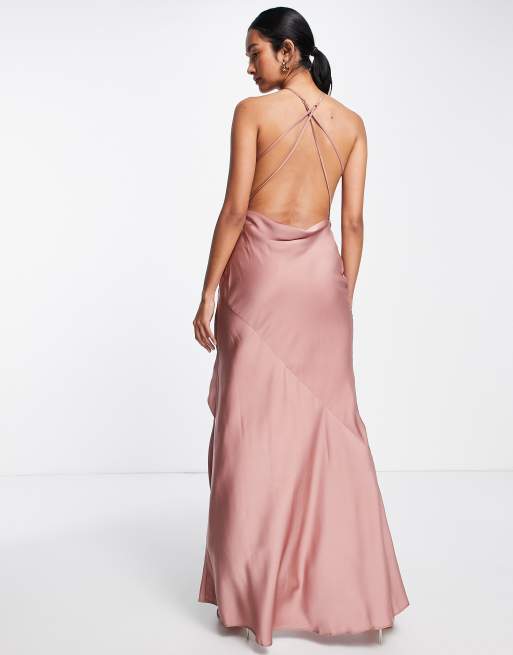 ASOS DESIGN Bridesmaid halter neck satin maxi dress with drape