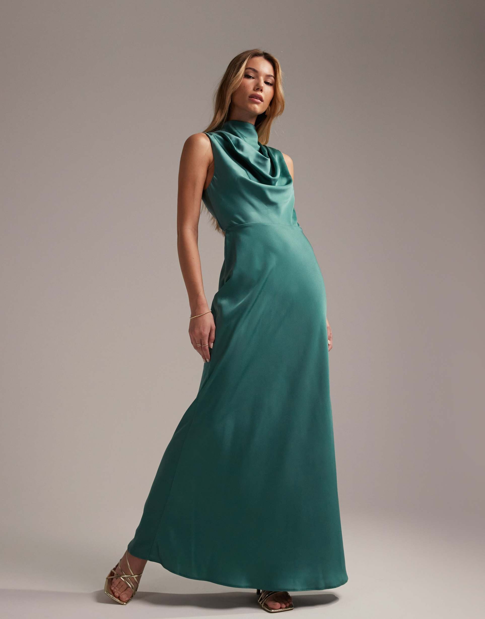 asos design bridesmaid high neck cowl satin maxi dress with tie detail in teal