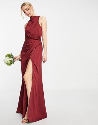 ASOS DESIGN Bridesmaid high neck maxi dress with drape detail skirt in wine