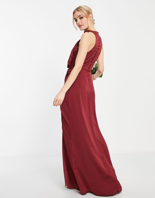 ASOS DESIGN satin high neck drape maxi dress with open back and high split  in wine