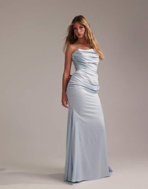 ASOS DESIGN Bridesmaid – Jasnoniebieska satynowa sukienka maxi z dekoltem bandeau - view 1