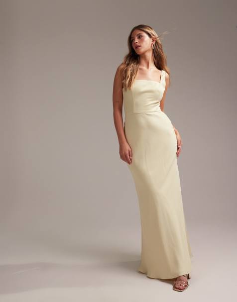 ASOS DESIGN Bridesmaid satin square neck maxi dress in soft yellow