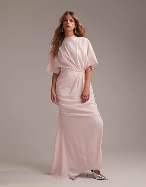 ASOS DESIGN Bridesmaid – Jasnoróżowa sukienka maxi z krepy z prostym dekoltem, T-shirtową górą i drapowaniem