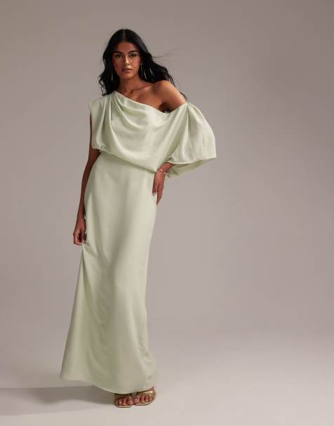 ASOS DESIGN Bridesmaids crepe one shoulder draped maxi dress in light green