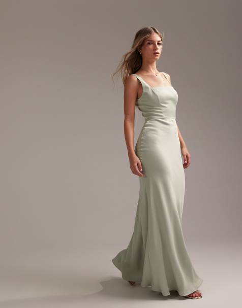 ASOS DESIGN Bridesmaid – Jasnozielona satynowa sukienka maxi z dekoltem karo - view 1