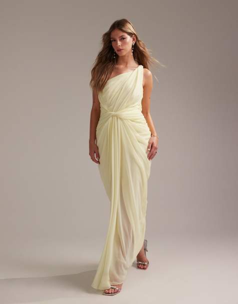 ASOS DESIGN Bridesmaids one shoulder draped twist detail midaxi dress in soft yellow