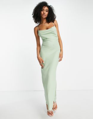 100% Silk Slip Dress Sage Green Dress Midi Bias Cut Cowl Neck Silk