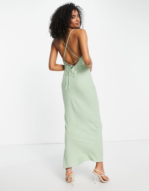 ASOS DESIGN Bridesmaid satin square neck maxi dress in sage green