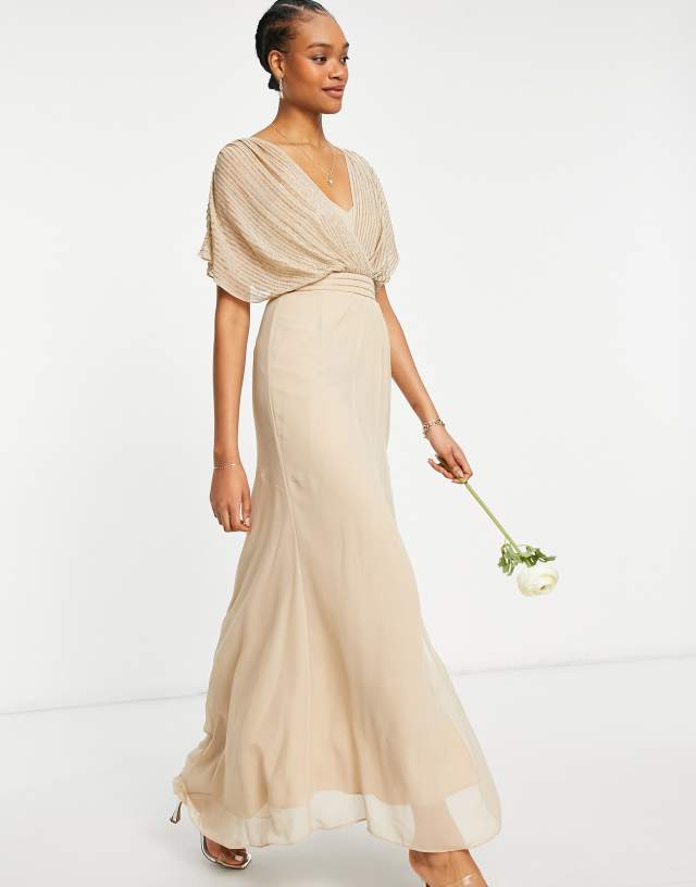 ASOS DESIGN Bridesmaid linear embellished blouson maxi dress with short sleeve