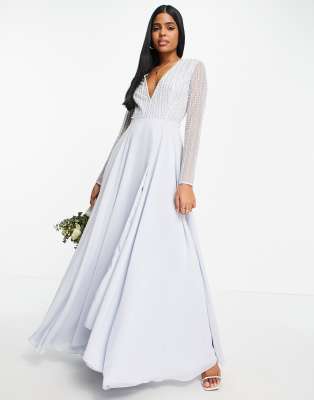 ASOS DESIGN Bridesmaid linear embellished bodice maxi dress with wrap skirt in blue