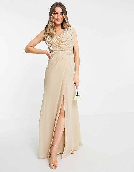  Bridesmaid linear embellished cowl front maxi dress 