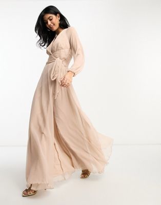 ASOS DESIGN Bridesmaid long sleeve ruched maxi dress with wrap skirt in blush